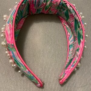Lilly Pulitzer Colorful Floral Headband with white Pearls pink green knotted
